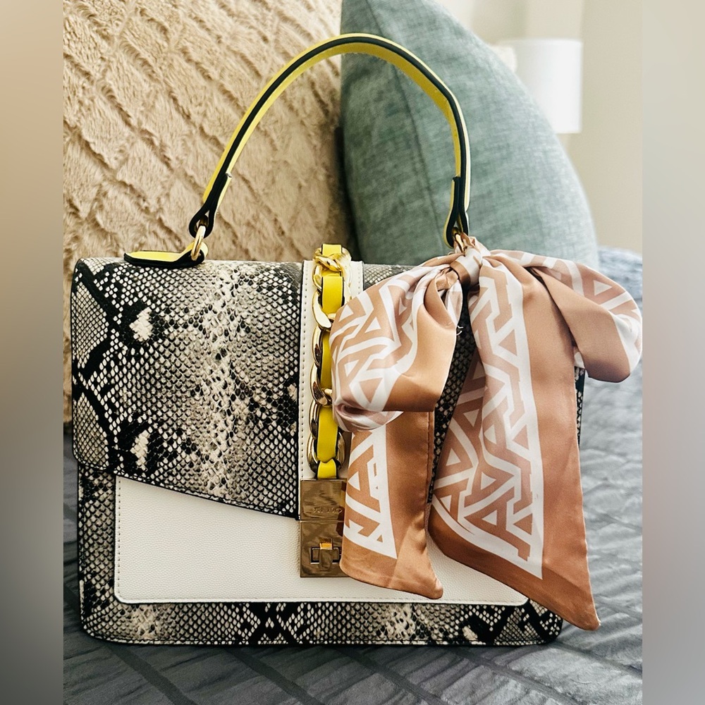 Aldo Cailla Elegant Snakeskin and White Handbag with Scarf Accent